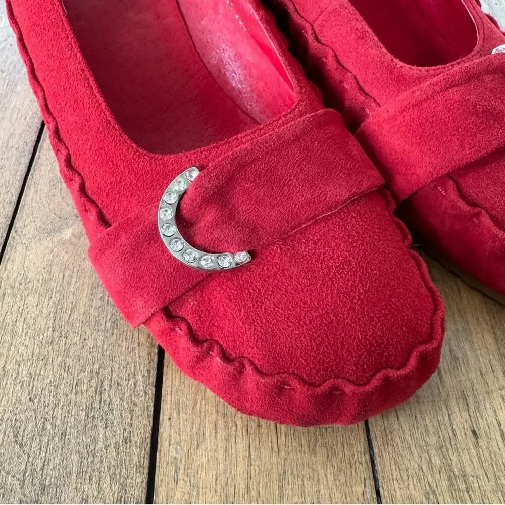 Miz Mooz Red Suede Wedge Ruffle Loafers Rhinestone detail 37 / 7